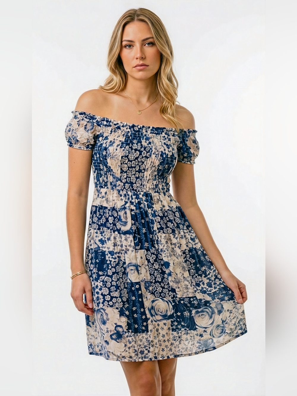 Mabelinda Blue Blossom Off-Shoulder Dress
